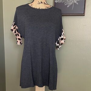 Beeson River Charcoal Top with Leopard Print Sleeves